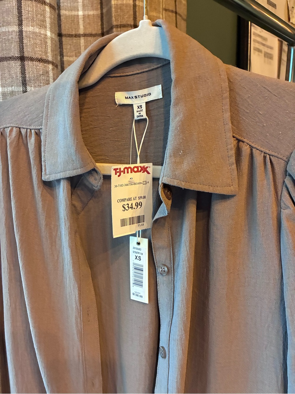 Max Studio Taupe Button-Front Ruffle Hem Tunic - Picture 3 of 6
